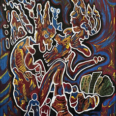 “Surreal painting inspired by Mesoamerican mythology featuring abstract deity-like figures, vibrant colors, symbolic forms, and a small modern figure in sneakers, exploring transformation, spirituality, and the connection between ancient and contemporary worlds.”