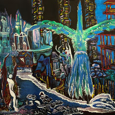 “Surreal painting of a futuristic cityscape beneath a winged guardian figure with watchful eyes, blending spiritual symbolism, dreamlike architecture, and themes of transformation and transcendence.”