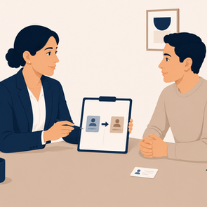 Persona extranjera revisando su tarjeta de residente temporal, pasaporte y documentos para cambiar a residente permanente ante el INM en México.