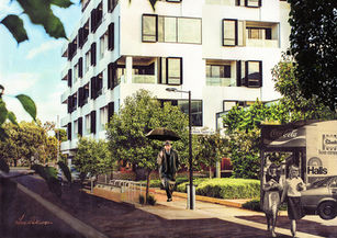 Surreal collage of an Adelaide street in Bowden with Timothy Spall as the 1930s artist Lowry walking along the sunny street holding an umbrella towards a 1960’s ice cream shop and two young women