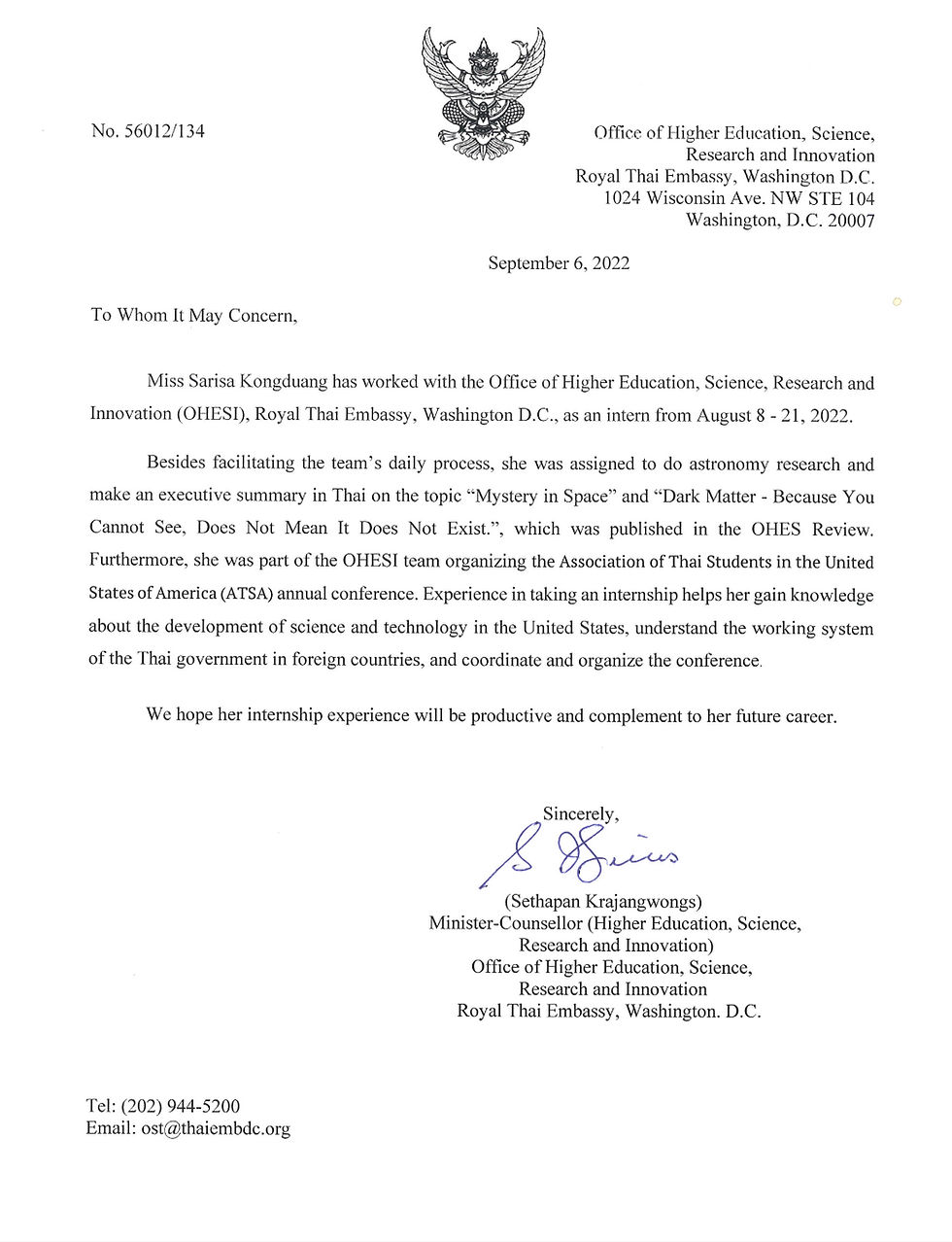 Royal Thai Embassy Internship Certificate Letter