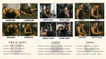 Gym workout chart showing exercises for upper abs, lower abs, obliques, chest (upper, middle, lower), biceps, triceps, forearms, and wrist flexors