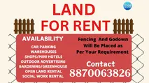 Land for rent poster showing availability for parking, warehouses, shops, advertising space, gardening, and open land rental with contact number