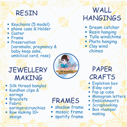 ZS Creations craft workshop poster listing resin art, jewellery making, wall hangings, paper crafts, and frame-making courses including keychains, dream catchers, bangles, scrapbooks, and decorative frames.