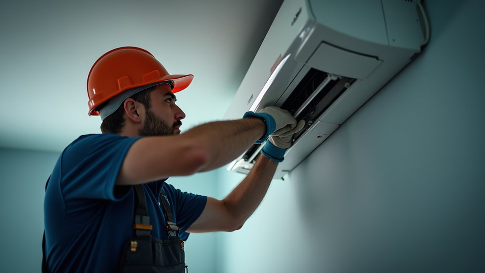 Eye-level view of technician performing air conditioner maintenance