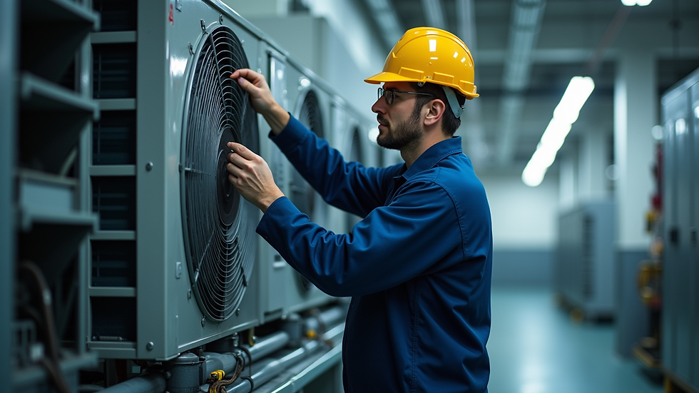 Eye-level view of technician inspecting air conditioning system in industrial facility