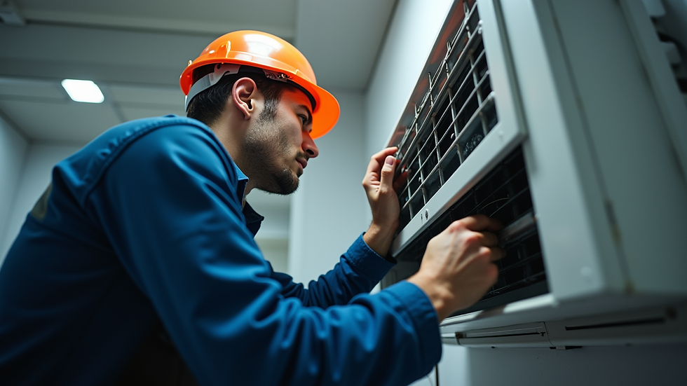 Eye-level view of technician performing air conditioner maintenance