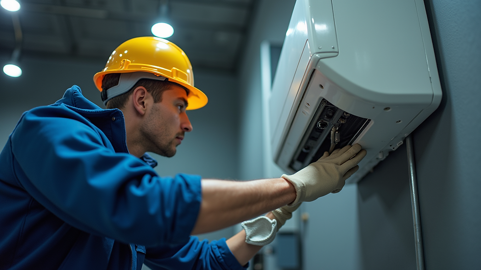 Close-up view of technician performing maintenance on air conditioning system