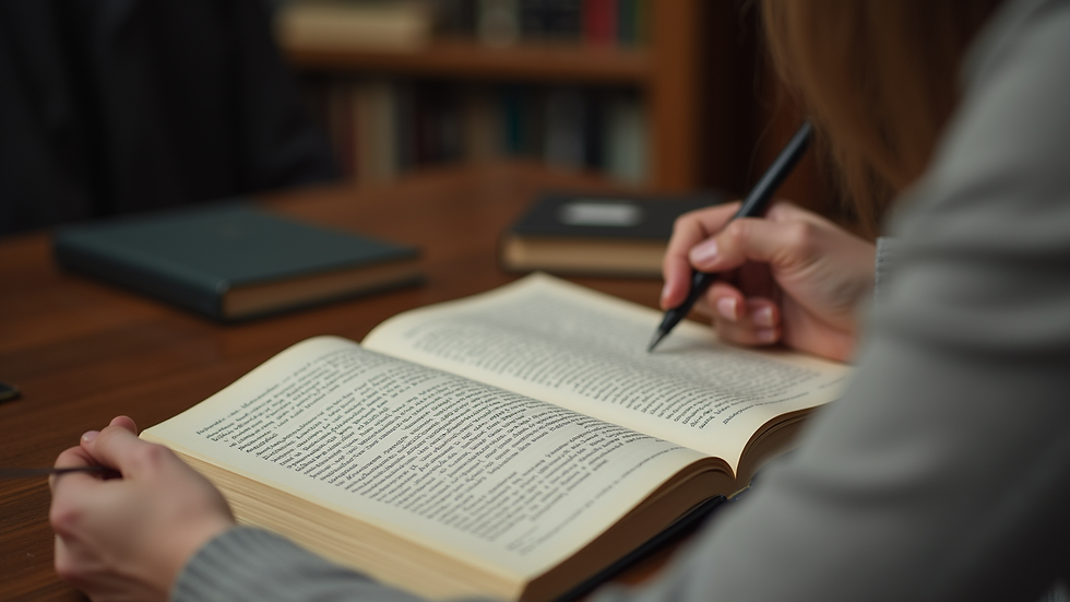 Close-up view of a person reading a book on philosophy and law at a wooden desk