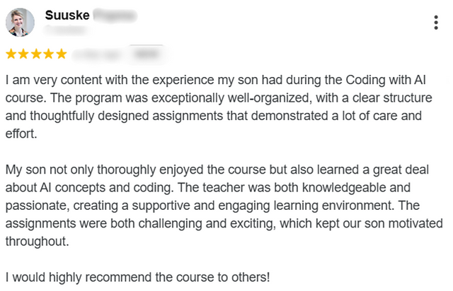 google testimonial on coding course for kids