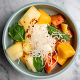 Honey melon and watermelon in a bowl, garnished with glass noodles