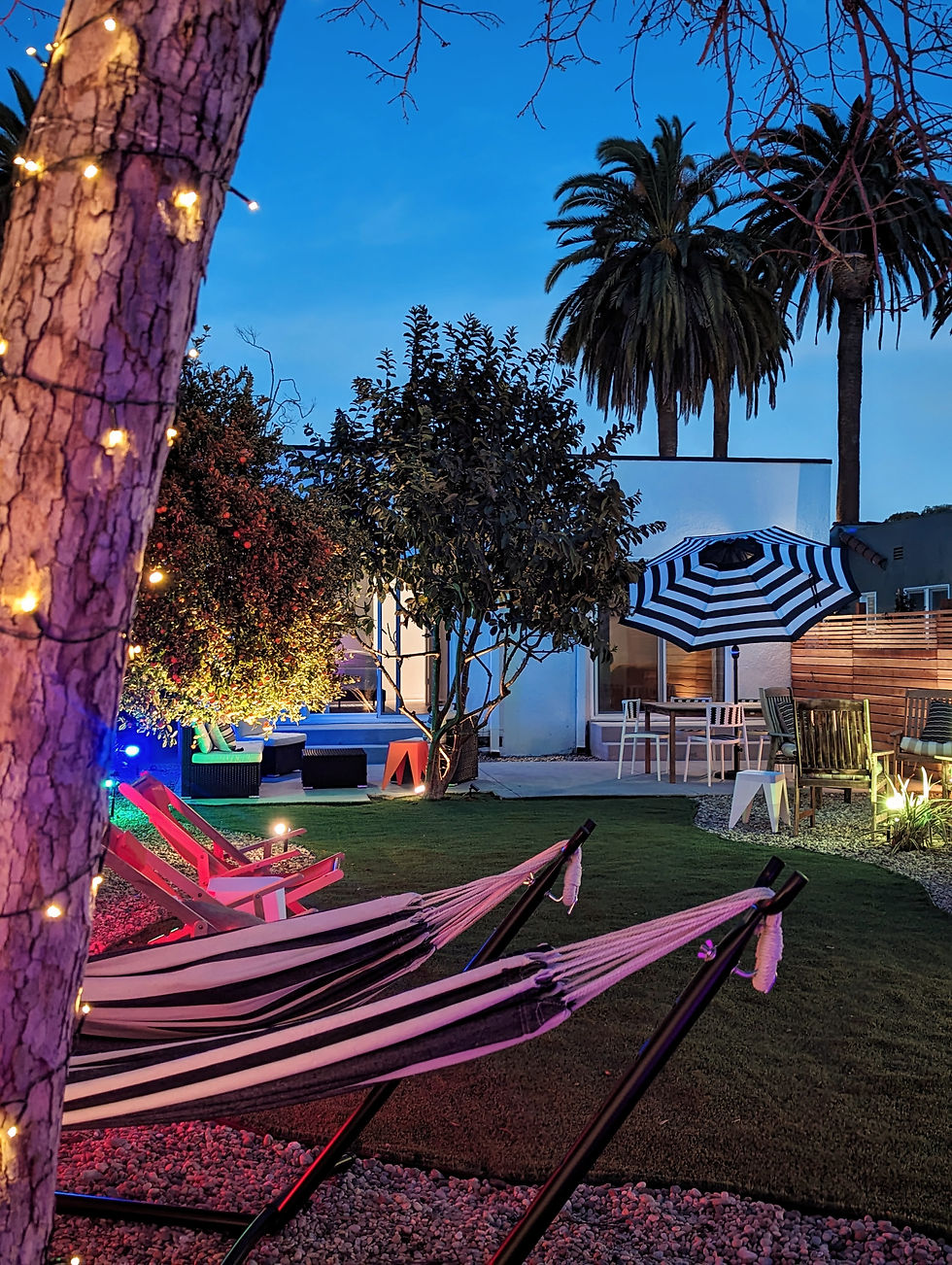 night view of the backyard with fruit trees, palm trees, hammocks, and black and white umbrella