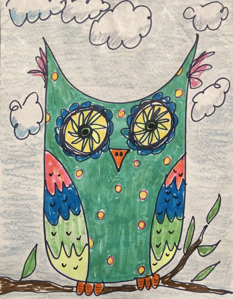 A teal owl with colorful wings that was created in one of the art classes.