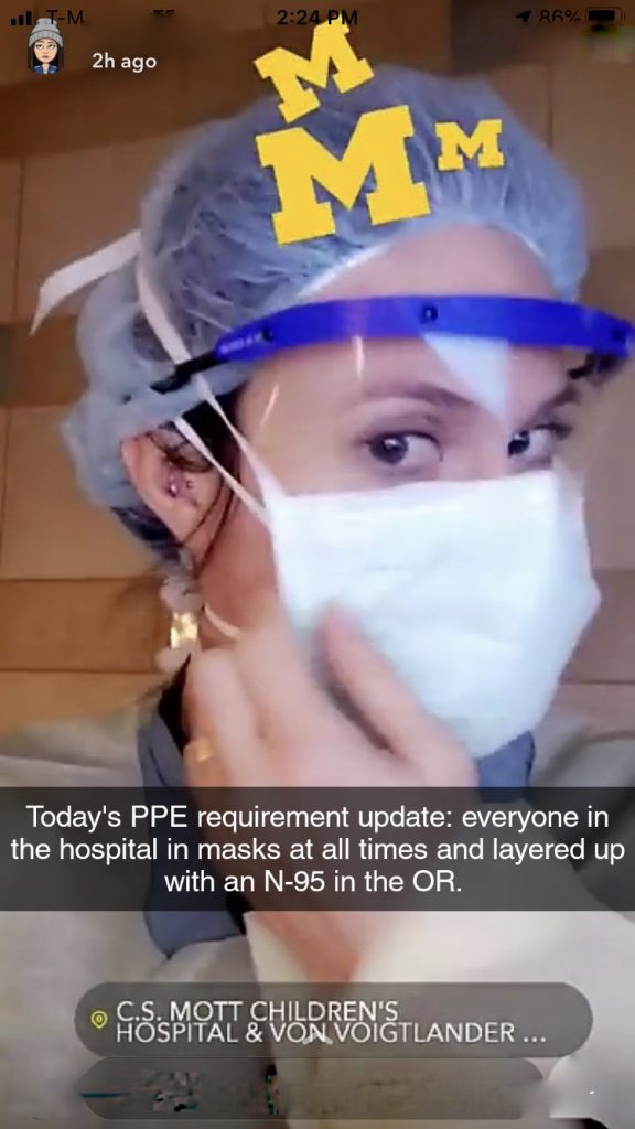 Hailey Neef in a snapchat picture demonstrating her new PPE requirements.