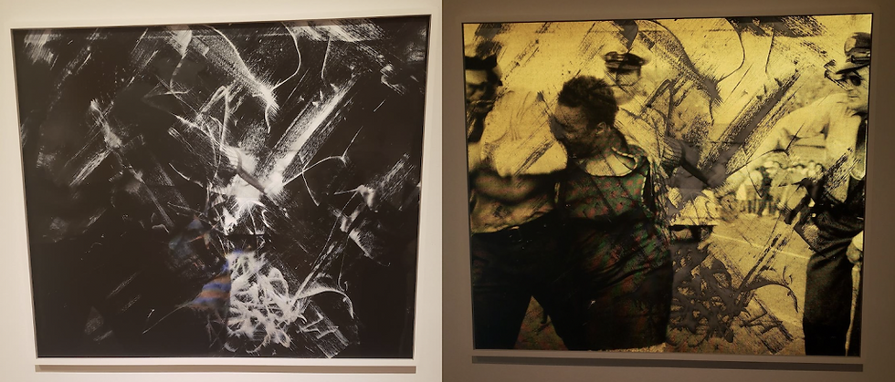 Hank Willis Thomas Turbulence (White Strokes) On the left, a photo of the work taken without a flash, it is abstract black with white strokes. On the right, a photo of the same work, this time taken with a camera flash. We can see police officers and a black man being attacked.