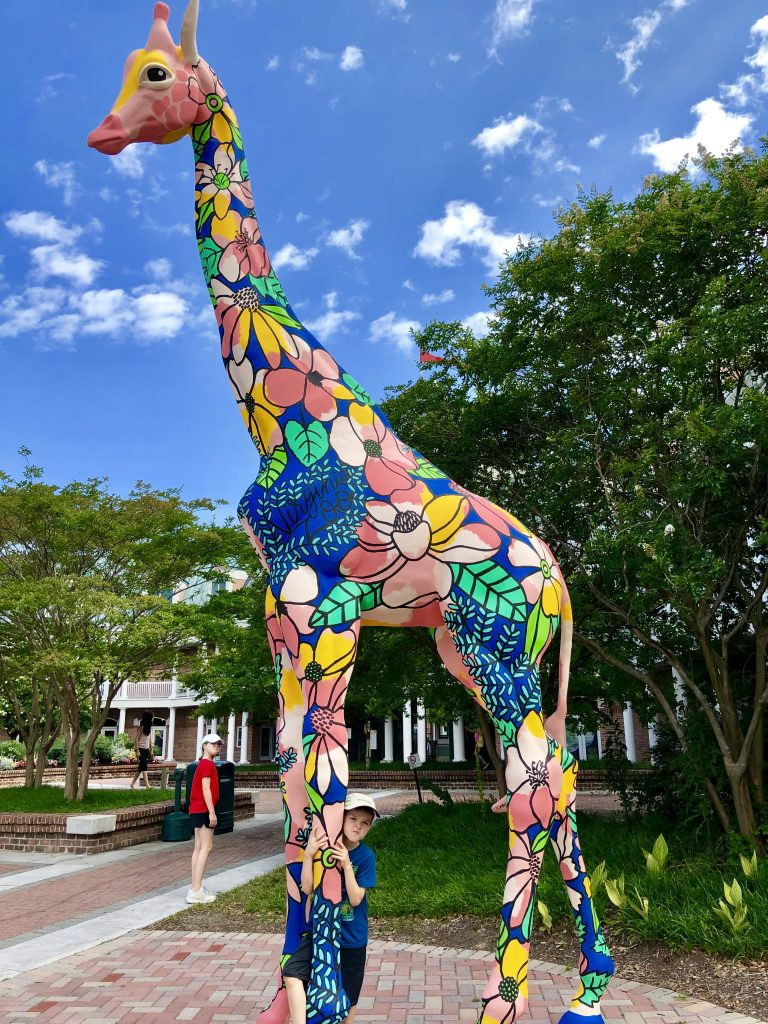 Colorful giraffe statue at the Virginia Zoo