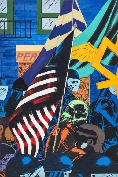 Somewhat abstract painting in blues and yellows with an american flag center, and masked figures marching surrounding a crowd of chained prisoners in orange.