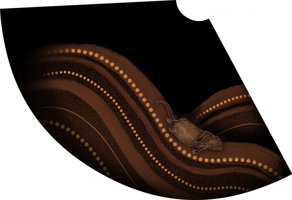 illustration of muskrat lying on the ground after swimming down to th ebottom of the ocean to get a handful of soil.