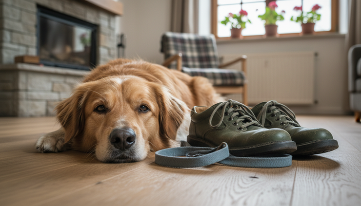 Close-up view of a dog resting its head on a wooden floor beside worn walking shoes.