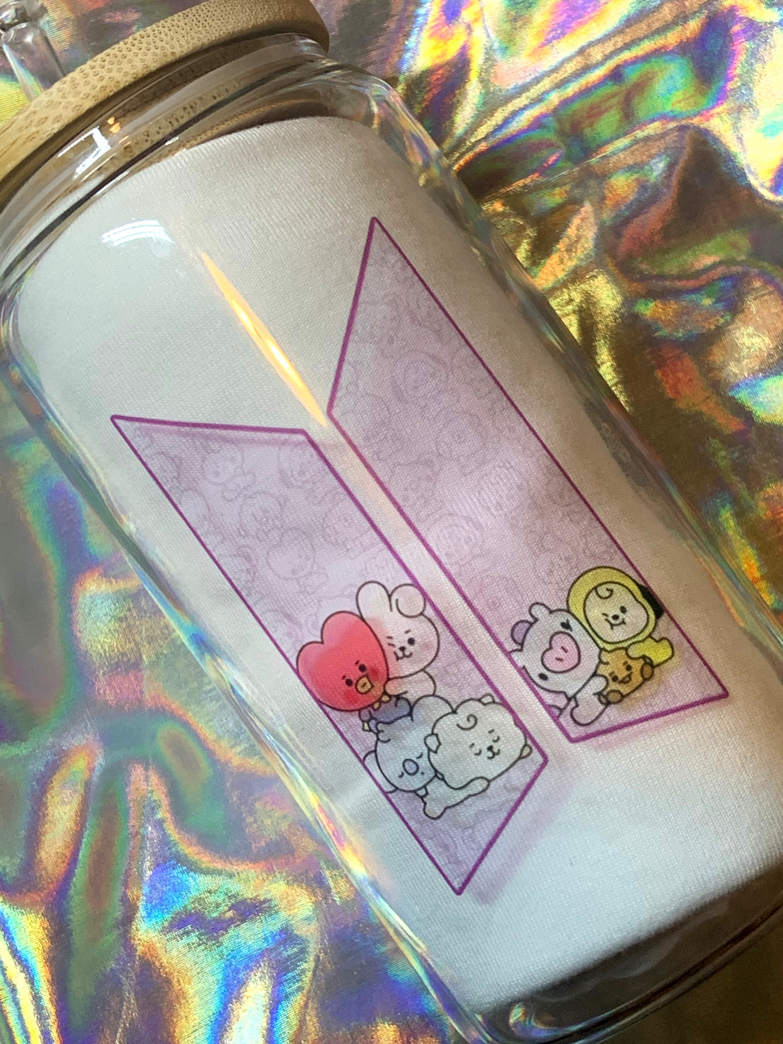 BTS BT21 16oz clear beer glass w/bamboo lid