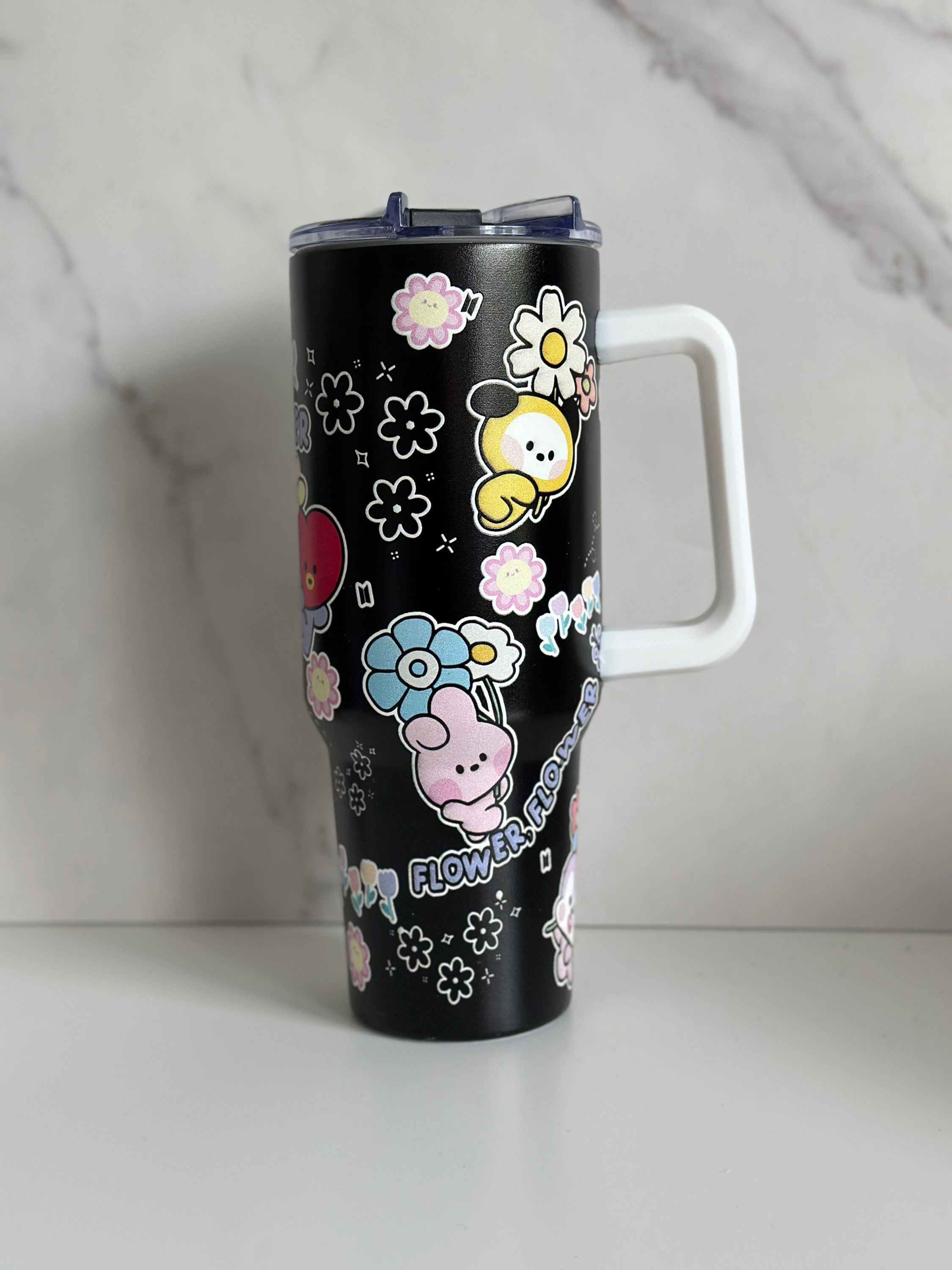 BTS BT21 Flower Matte Black 40oz Tumbler with Handle