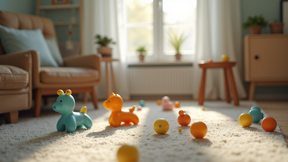 Close-up view of a cozy living room with baby toys scattered