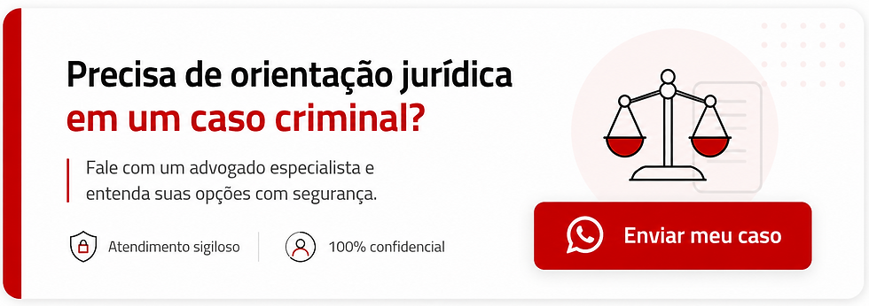 Banner jurídico com balança vermelha e preta. Texto destaca orientação jurídica criminal e atendimento sigiloso. Botão "Enviar meu caso".
