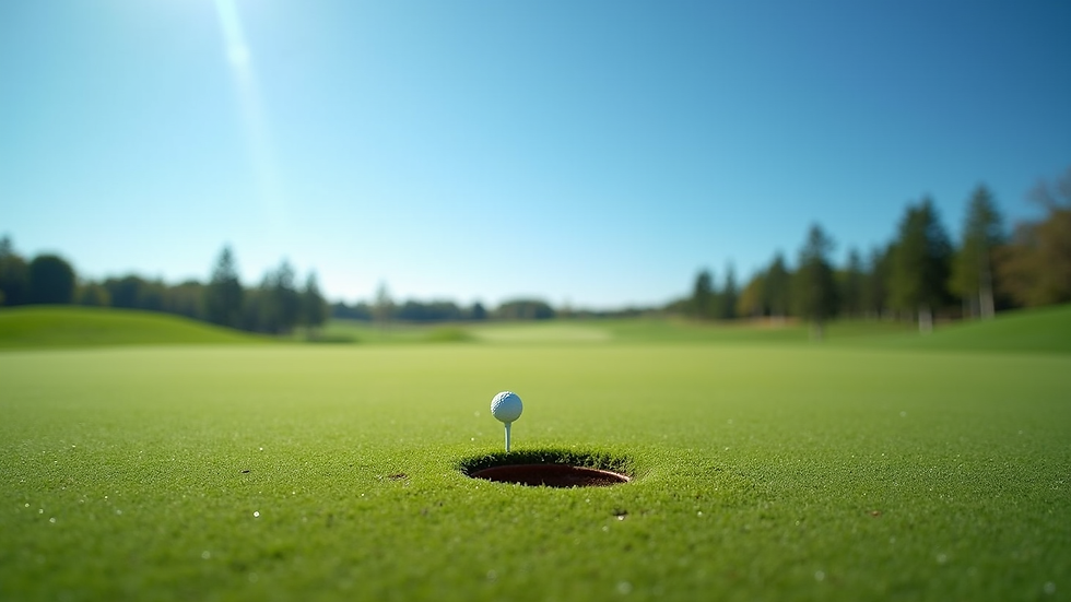 Eye-level view of a golf course with a clear blue sky