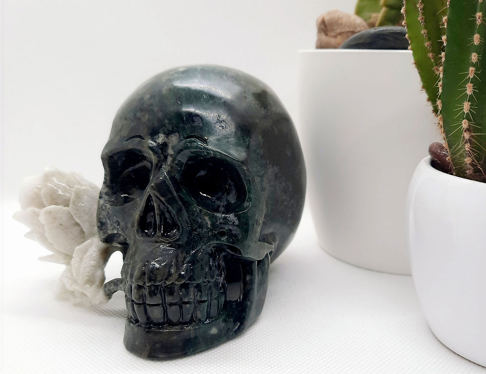 Miniature : Crâne de 1,2 kgs en Jaspe verte avec sa rose