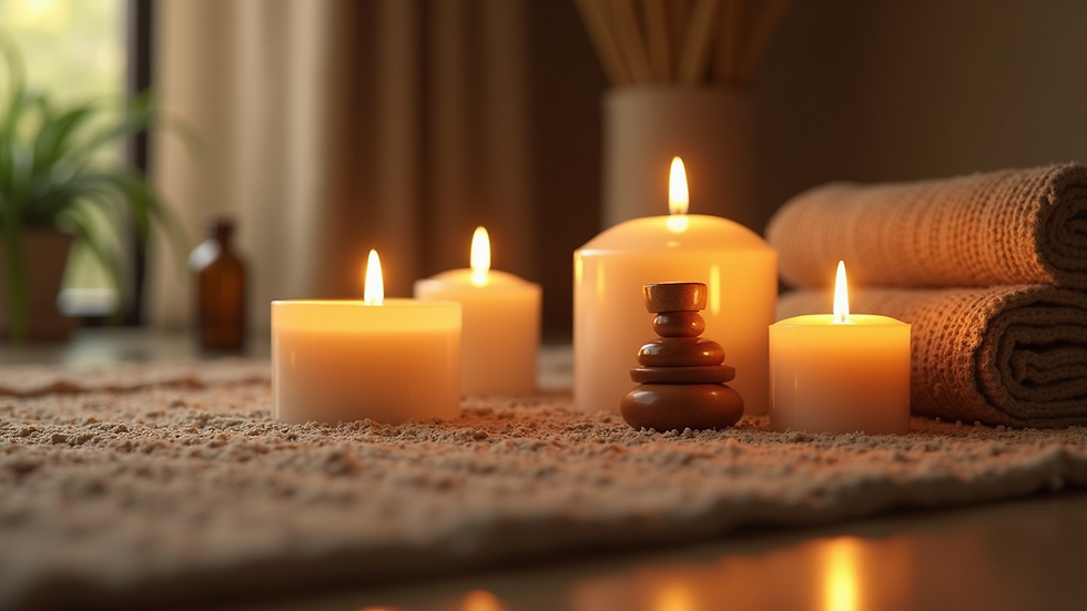 Close-up view of a serene spa setting with candles and essential oils