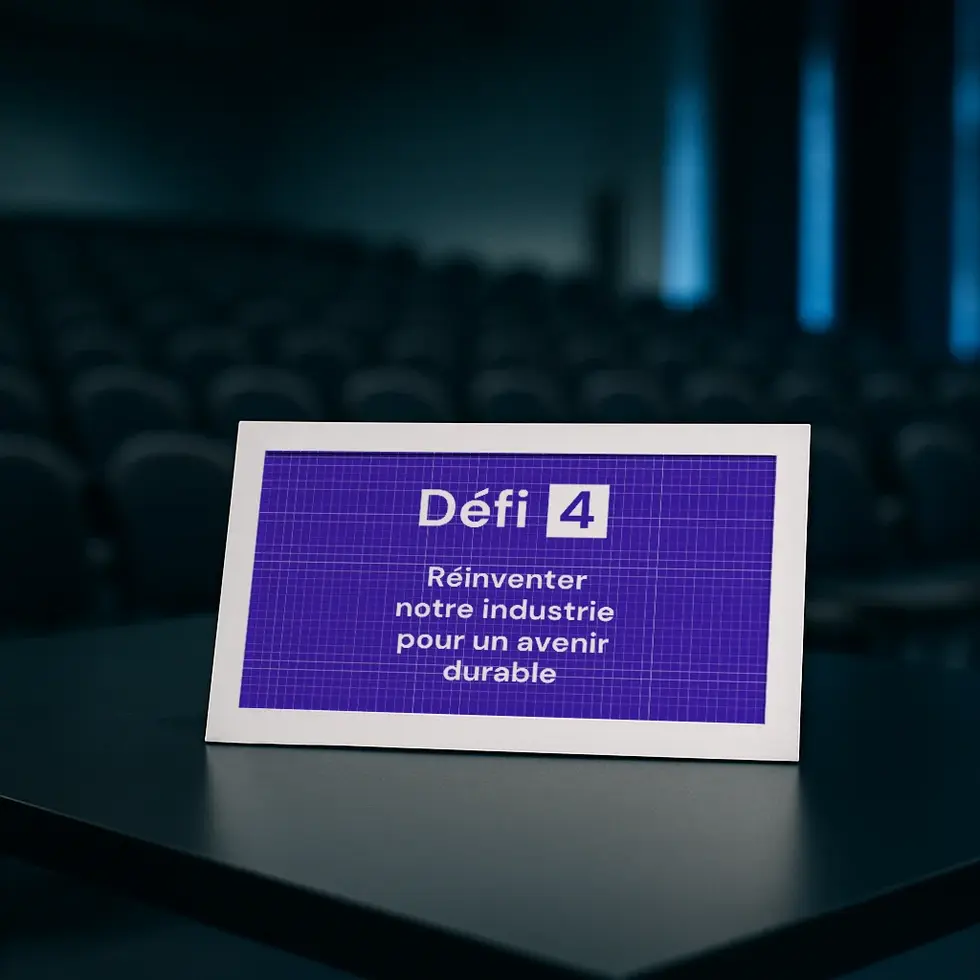 Affiche du Défi 4 posée sur une table lors d’un événement du Comité Grand Béthune, avec le message "Réinventer notre industri