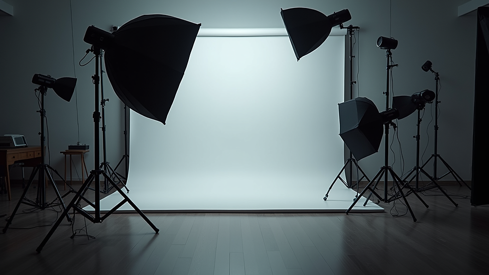 Eye-level view of a modern studio setup with professional lighting and camera equipment
