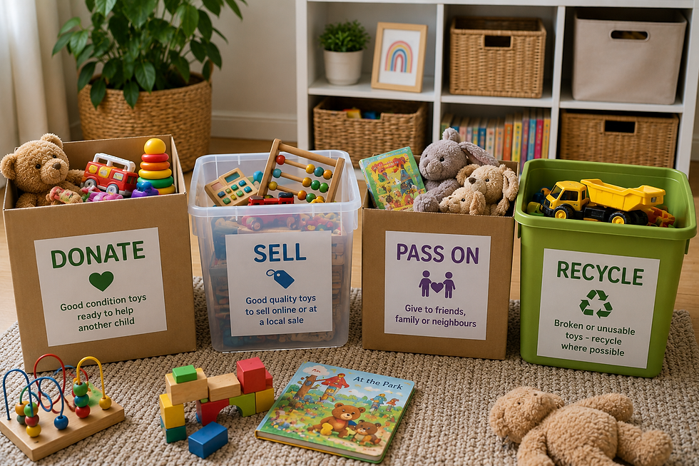 Toy sorting bins labeled Donate, Sell, Pass On, and Recycle in a playroom, with stuffed animals and blocks scattered around.