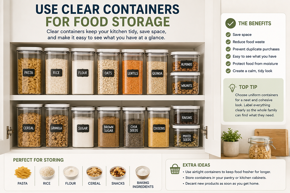 Kitchen cabinet infographic shows labeled clear food containers for pasta, rice, flour, oats, lentils, quinoa, cereal, and more.