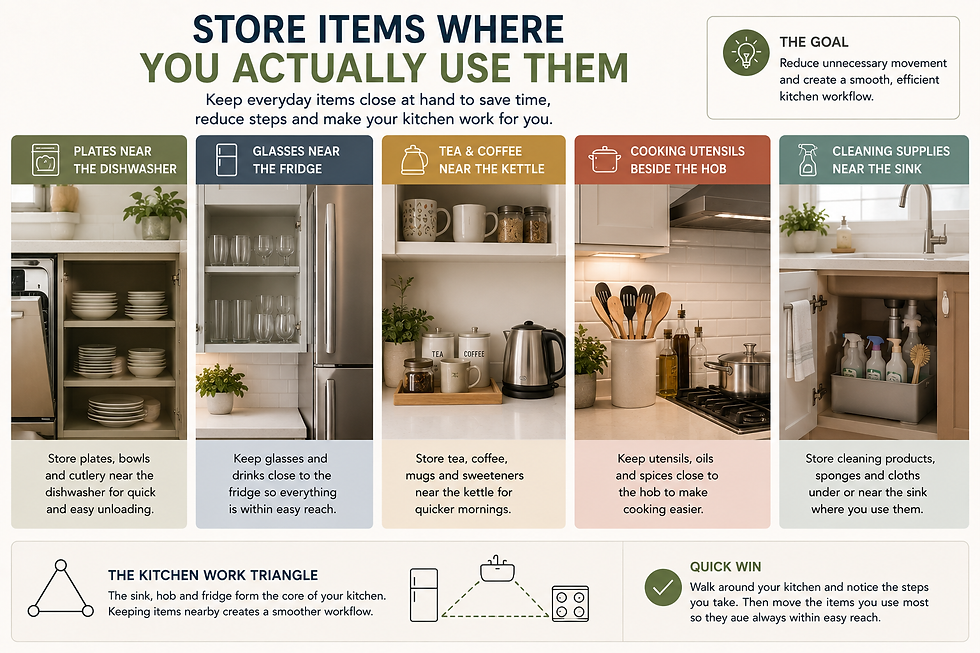 Kitchen infographic showing where to store plates, glasses, tea, utensils and cleaners near dishwasher, fridge, kettle, hob and sink