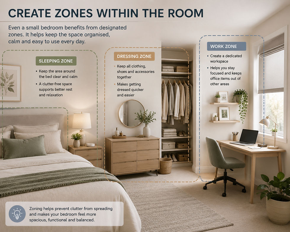 Bedroom zoning infographic with sleeping, dressing and work areas, showing a bed, closet and desk in a calm beige room.