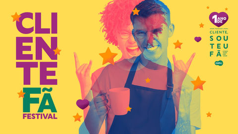 Ilustração em fundo amarelo, imagem de uma mulher e um homem sobrepostos com efeito de transparência. Texto: Cliente Fã Festival, 1 ano de Cliente sou teu fã. Abaixo o logotipo da Alelo