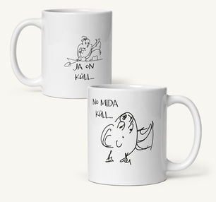Illustratsiooni ja humoorika sõnumiga kruusikujundus.