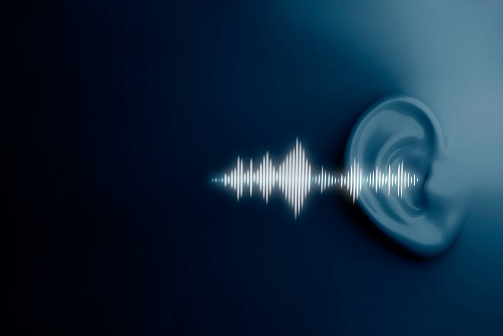 Sound wave illustration entering human ear representing the power of audio frequencies.j