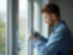 Expert craftsman meticulously cleaning and preparing a UPVC window frame for spraying, sho