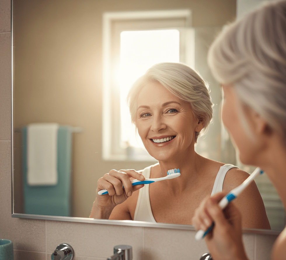 Smiling woman brushing teeth in the mirror; Brushing Teeth with Non-Dominate Hand, Ageless Pursuit.