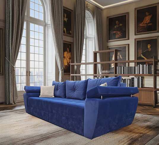 Imagine cu canapeaua extensibilă Button într-un living spațios, evidențiind dimensiunile sale generoase și confortul oferit.