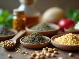 raw herbs on platters