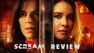 Scream 7 movie poster with Neve Campbell's Sidney and her character's daughter Tatum. They are separated by a knife that reflects Ghostface's image. 
