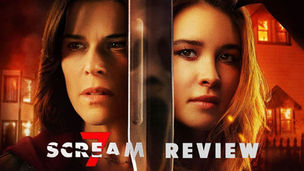 Scream 7 movie poster with Neve Campbell's Sidney and her character's daughter Tatum. They are separated by a knife that reflects Ghostface's image. 