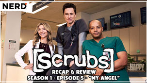 Elliot, JD, and Turk sit at the Nursing station with the text Scrubs recap & review, Season 1 - Episode 5 - My Angel