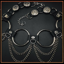black leather belt with huge o-rings and chains