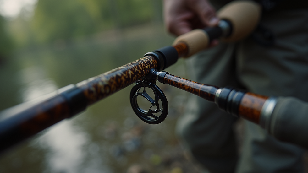 Close-up view of a custom fishing rod with detailed craftsmanship