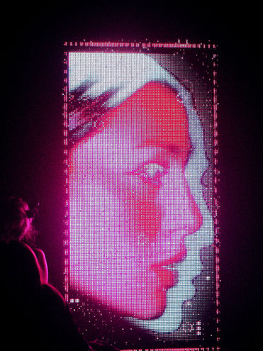 Side profile of a digital face on LED screen with pixel grid, Perceive or Receive (2025) by Elin Fiorentino