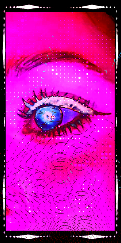 Close-up of a digital eye with glitch effects and pixel texture in pink tones, Perceive or Receive (2025) by Elin Fiorentino